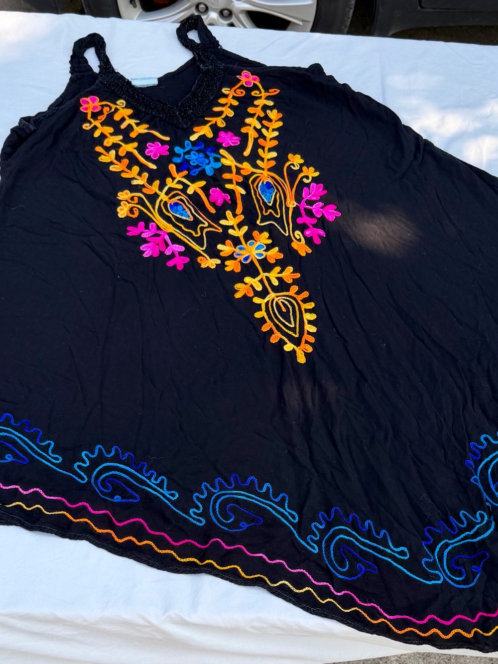 Exist Black Asymmetrical Embroidered Tank Dress with Neon Floral Accents